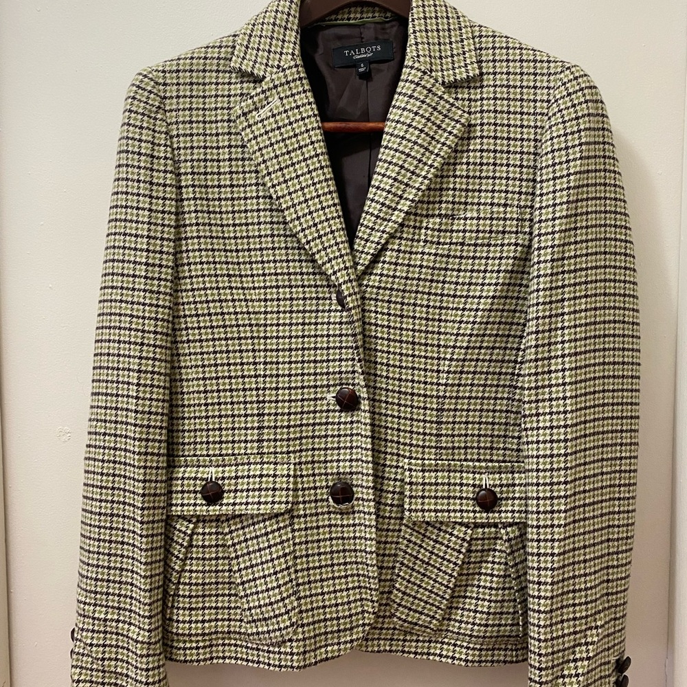 Talbots Green and Brown Houndstooth Blazer SIZE 6 viscose and wool